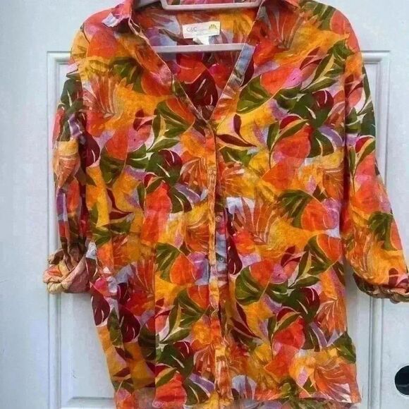 C&C CALIFORNIA Linen Shirt Roll Tab Sleeve Starburst Tropic Print Top SZ small - Picture 5 of 5
